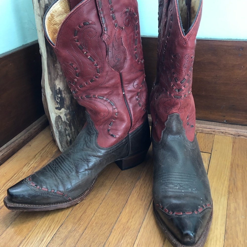 Tony Lama Two-Tone Red and Brown Leather Heeled Cowboy Boots